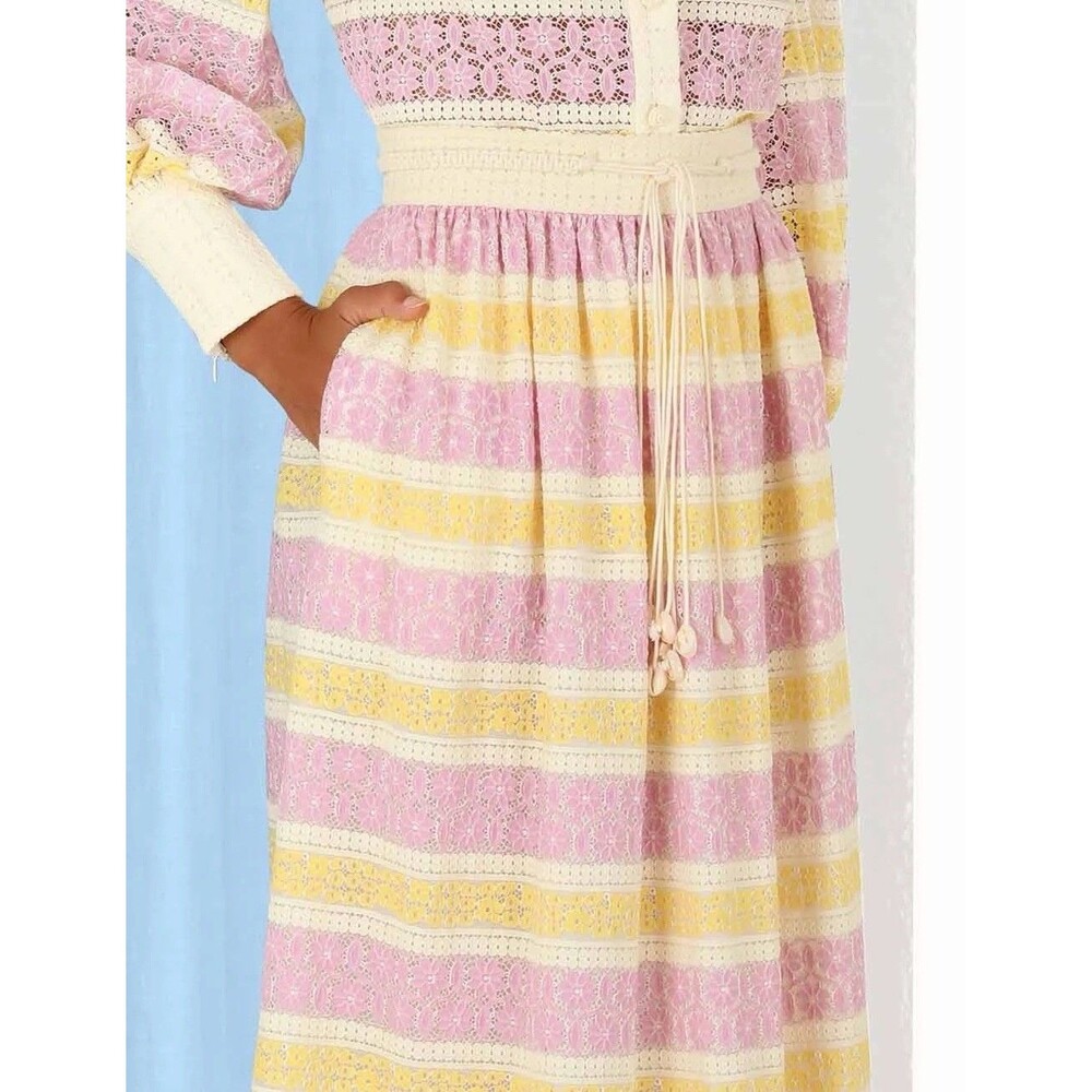 Zimmermann Jude Lace Gathered Cotton Stripe Crocheted Midi Skirt Easter Event